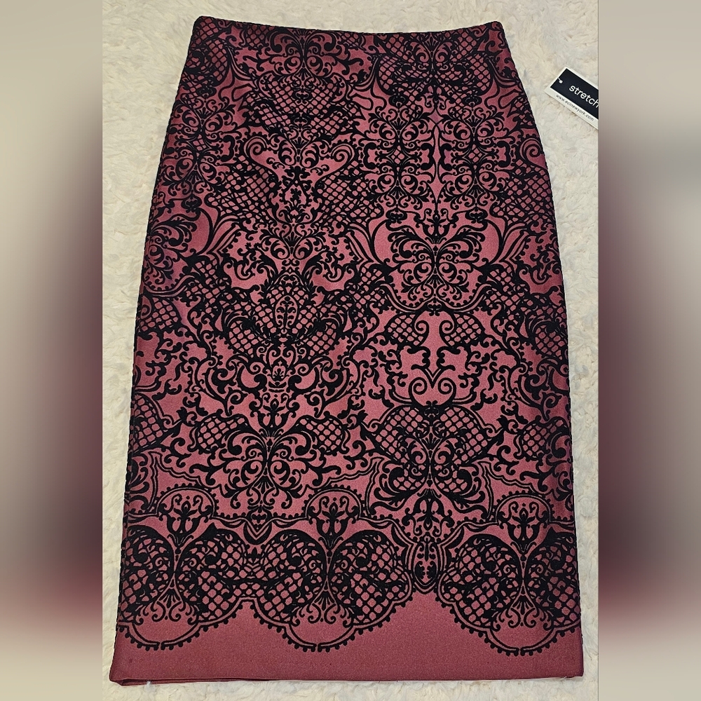 Burgundy & Black Velvet Lace Pencil Skirt